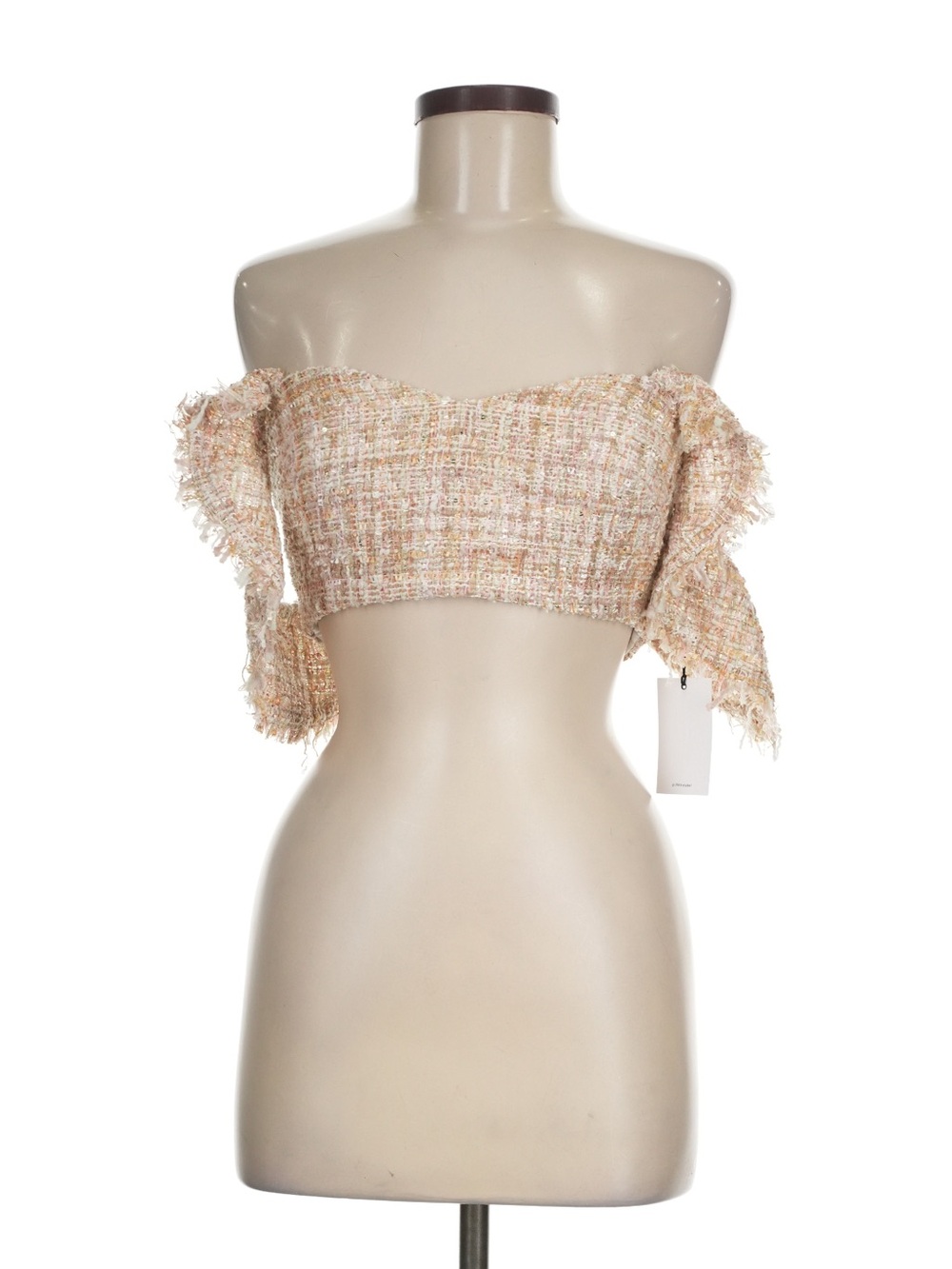 LPA Off-Shoulder Tweed Crop Top in Cream Mélange